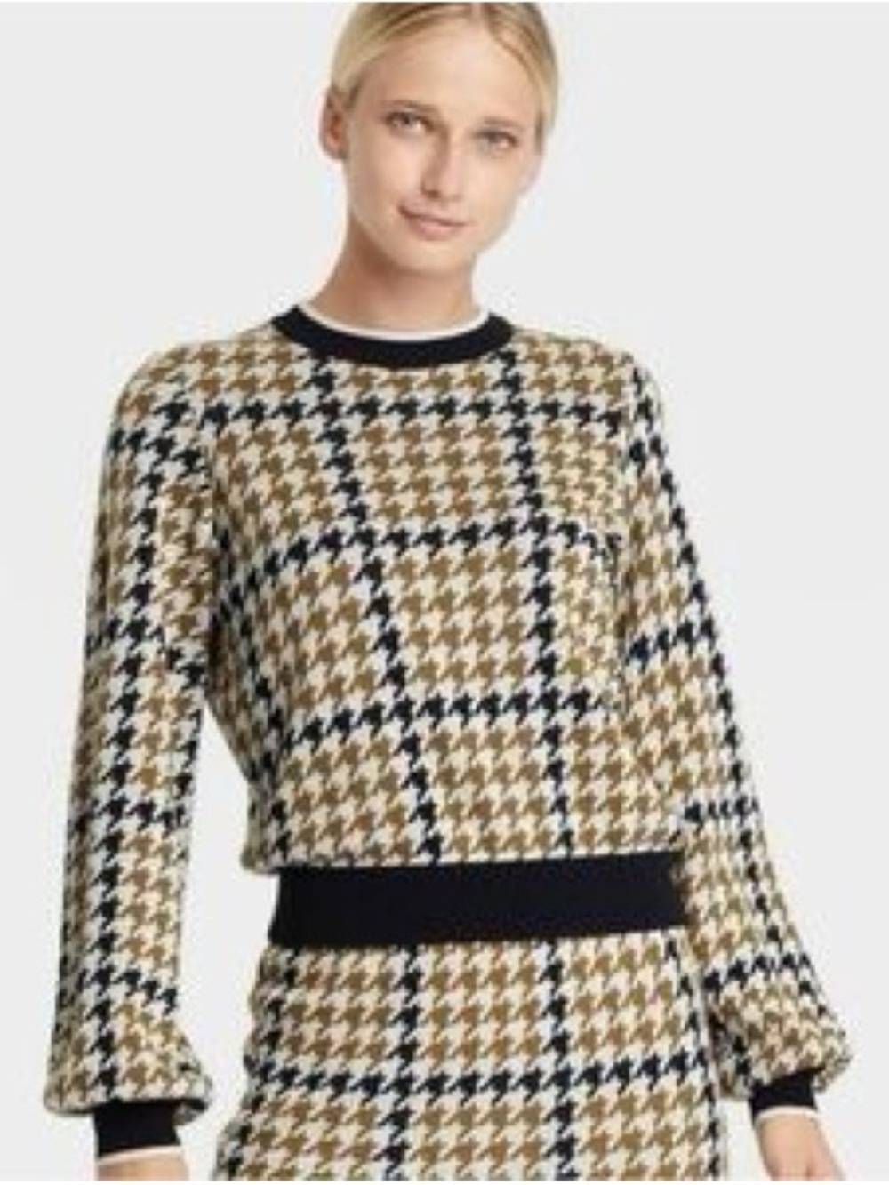 Who What Wear Tan and Black Houndstooth Plaid Knit Sweater Size Small